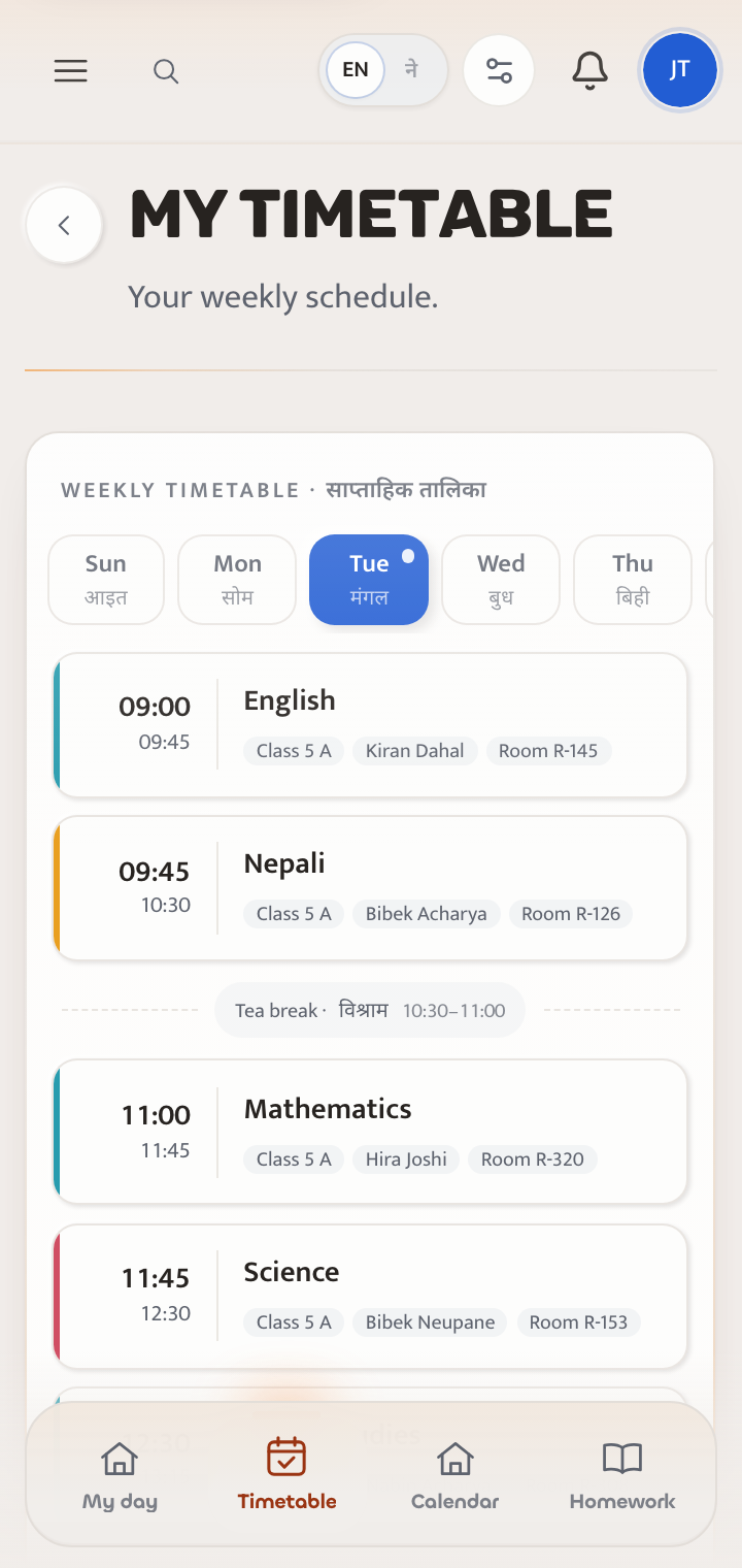 Student timetable in the Saraswati app