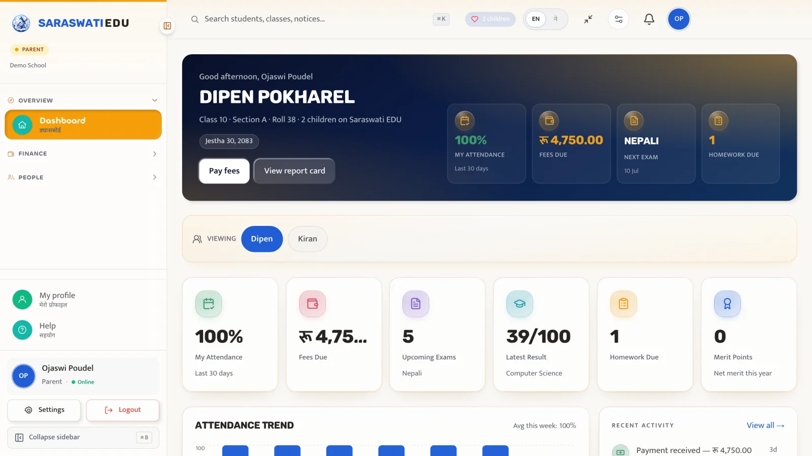 Parent dashboard